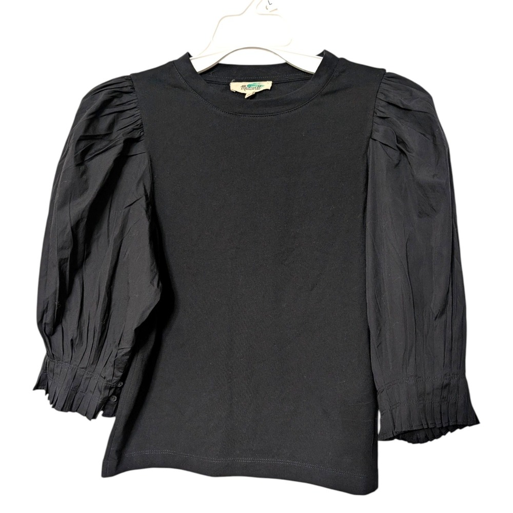 Madewell Black Pleated Puff Cuff Sleeve Mixed Media Cotton Poplin Top XS